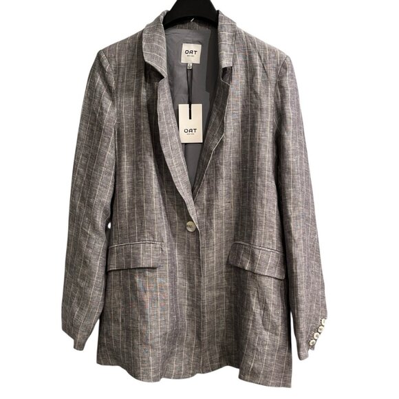 Oat Blazer Womens L‎ Blue Linen Woven Striped One Button Lined Nautical Preppy - Picture 1 of 11